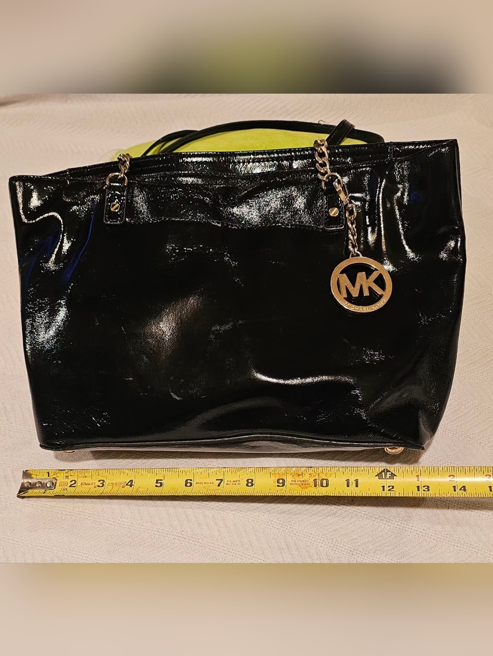 Michael Kors Black Patent Leather Tote with Gold MK Charm